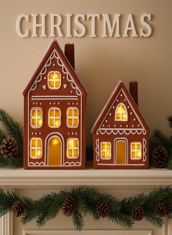 Funnymoom مجموعة من قطعتين من بيوت الزنجبيل الخزفية المضيئة من Funnymoom، زينة عيد الميلاد، بيوت زنجبيل LED مضاءة مسبقًا للاستخدام الداخلي، ديكور طاولة المطبخ لعيد الميلاد، قطعة مركزية للطاولة، هدايا حفلات عيد الميلاد - Image 3