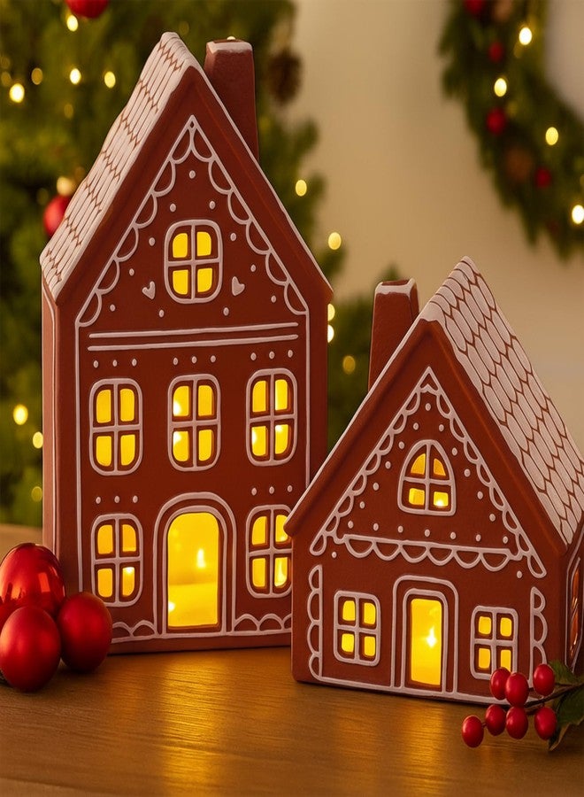 Funnymoom مجموعة من قطعتين من بيوت الزنجبيل الخزفية المضيئة من Funnymoom، زينة عيد الميلاد، بيوت زنجبيل LED مضاءة مسبقًا للاستخدام الداخلي، ديكور طاولة المطبخ لعيد الميلاد، قطعة مركزية للطاولة، هدايا حفلات عيد الميلاد - Image 4