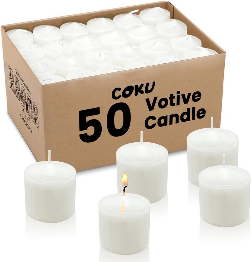 Coku White Votive Candles - Bulk Box Smokeless Unscented Candles - 8 Hour Burn Time - Bulk Candles for Diwali, Home, Weddings, Parties, Spas and Decorations (1.5" x 1.25") (Pack of 50) - Image 1