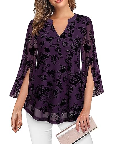 VALOLIA Dressy Tops For Women For Evening Party, VALOLIA Ladies Tops and Blouses 3/4 Sleeve Layered Tops for Women Printed Tops Fall Shirts Flowy Tunic Tops V Neckline A-line Dressy Work Blouse DVT XX-Large - Image 3
