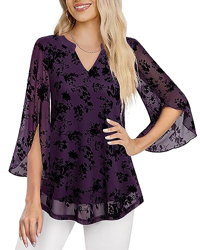 VALOLIA Dressy Tops For Women For Evening Party, VALOLIA Ladies Tops and Blouses 3/4 Sleeve Layered Tops for Women Printed Tops Fall Shirts Flowy Tunic Tops V Neckline A-line Dressy Work Blouse DVT XX-Large - Image 2
