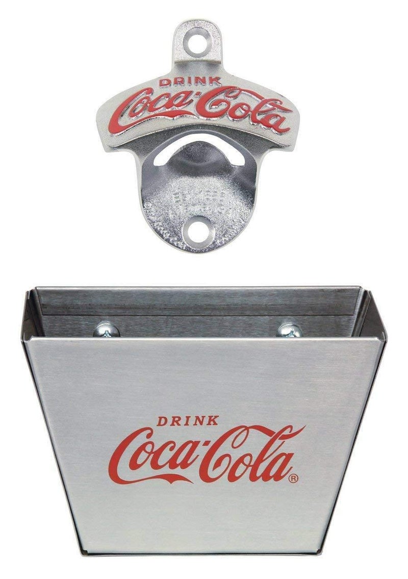 Tablecraft 1 X Coca Cola Wall Mount Bottle Opener and Coca Cola Coke Bottle Cap Catcher Set