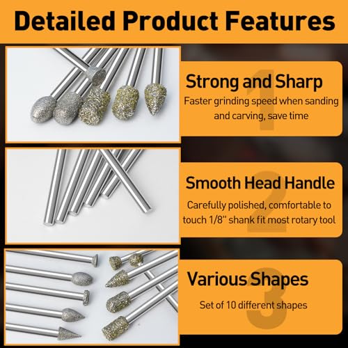 FOTYBEI 46-Grit and 120-Grit Diamond Grinding Burr Bits Set 1/8" Shank Compatible with Dremel Rotary Tool, 40Pcs Attachment Accessories Carving Burrs for Polishing, Grinding, Carving on Glass, Ceramic, Stone - Image 5