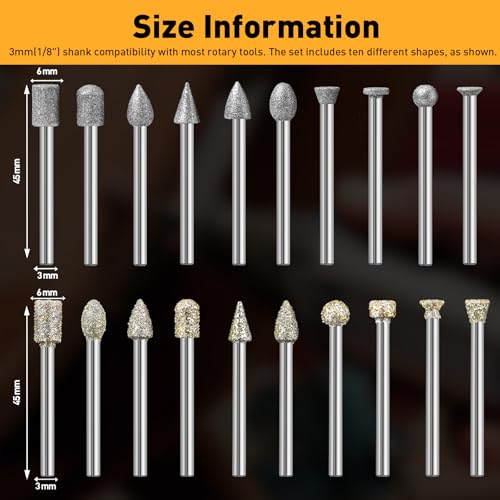 FOTYBEI 46-Grit and 120-Grit Diamond Grinding Burr Bits Set 1/8" Shank Compatible with Dremel Rotary Tool, 40Pcs Attachment Accessories Carving Burrs for Polishing, Grinding, Carving on Glass, Ceramic, Stone - Image 3