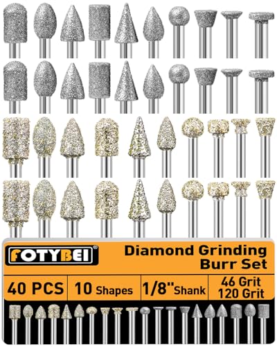 FOTYBEI 46-Grit and 120-Grit Diamond Grinding Burr Bits Set 1/8" Shank Compatible with Dremel Rotary Tool, 40Pcs Attachment Accessories Carving Burrs for Polishing, Grinding, Carving on Glass, Ceramic, Stone - Image 1