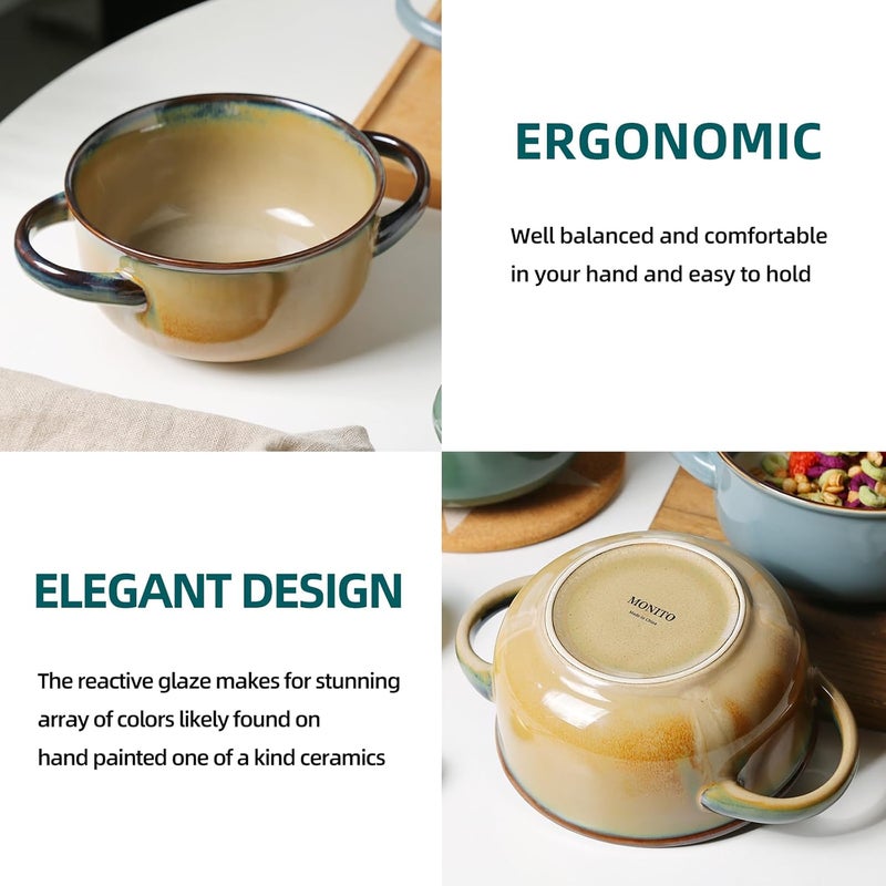 MONITO Ceramic Salad Bowl with Handles 28 oz French Onion Soup Bowls Ceramic Soup Bowls for Cereal Pasta Chilli Beef Stew Stackable Serving Bowl Set of 4 28 OZ - Image 5