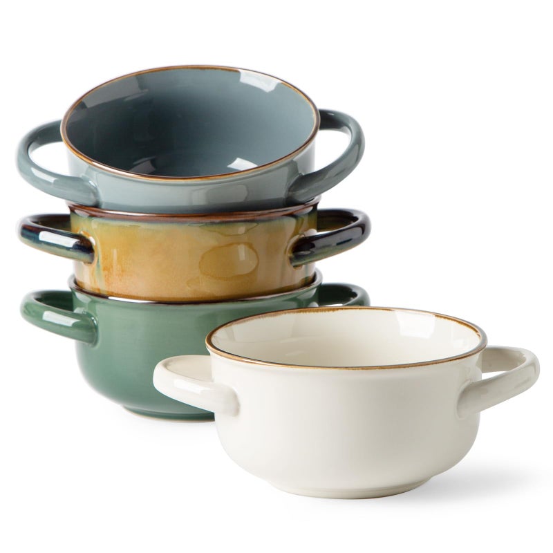 MONITO Ceramic Salad Bowl with Handles 28 oz French Onion Soup Bowls Ceramic Soup Bowls for Cereal Pasta Chilli Beef Stew Stackable Serving Bowl Set of 4 28 OZ - Image 1