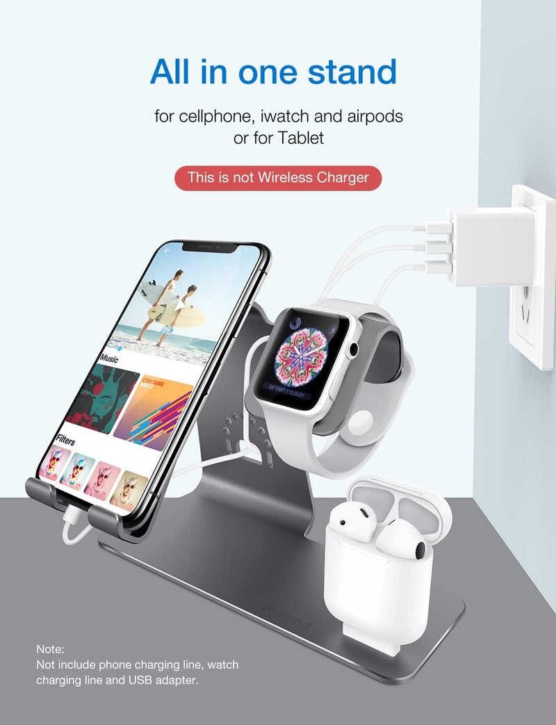 Bestand حامل ثلاثي في واحد لهاتف iPhone وiWatch وشاحن لـ Airpods فقط، رمادي (حاصل على براءة اختراع، علبة شحن Airpods غير متضمنة) - Image 2