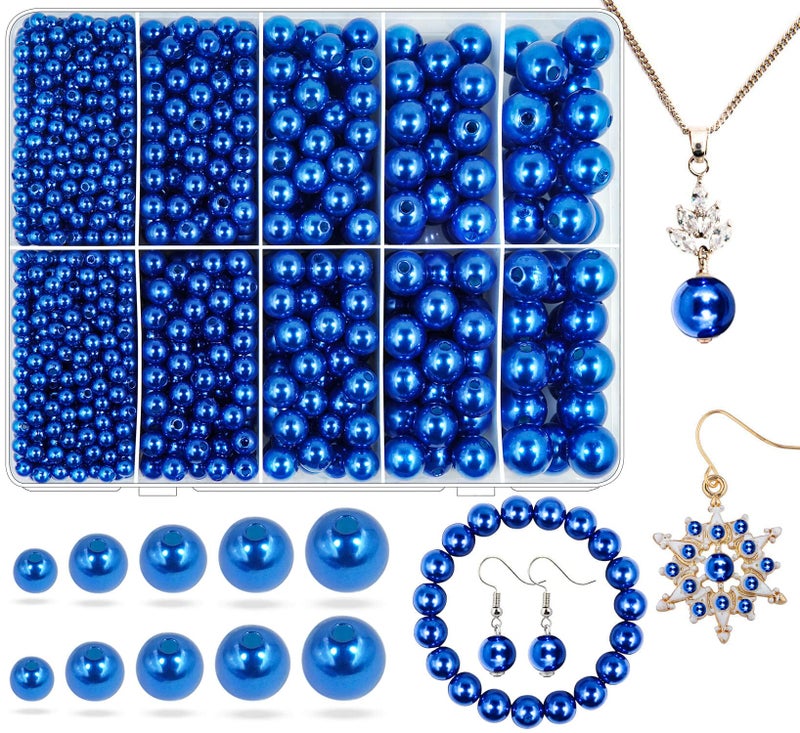 Wavlakth Blue Pearl Beads for Jewelry Making 1750pcs Royal Craft Bead With Hole 4mm 6mm 8mm 10mm 12mm Loose Spacer Bead for Necklace Bracelet Earrings Ring Choker Wedding Dress Decor