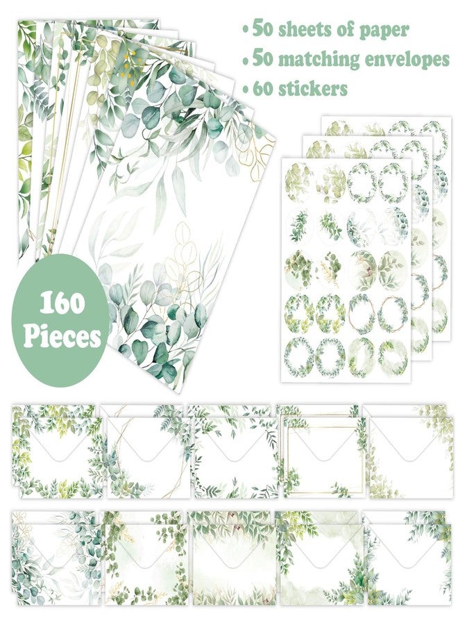 YOKSAS 160-Piece Eucalyptus Stationery Envelopes Set – 50 Writing Papers, 50 Envelopes, 60 Sealing Stickers – Greenery Botanical Letter Writing Kit for Invitations, Business, Wedding - Image 3