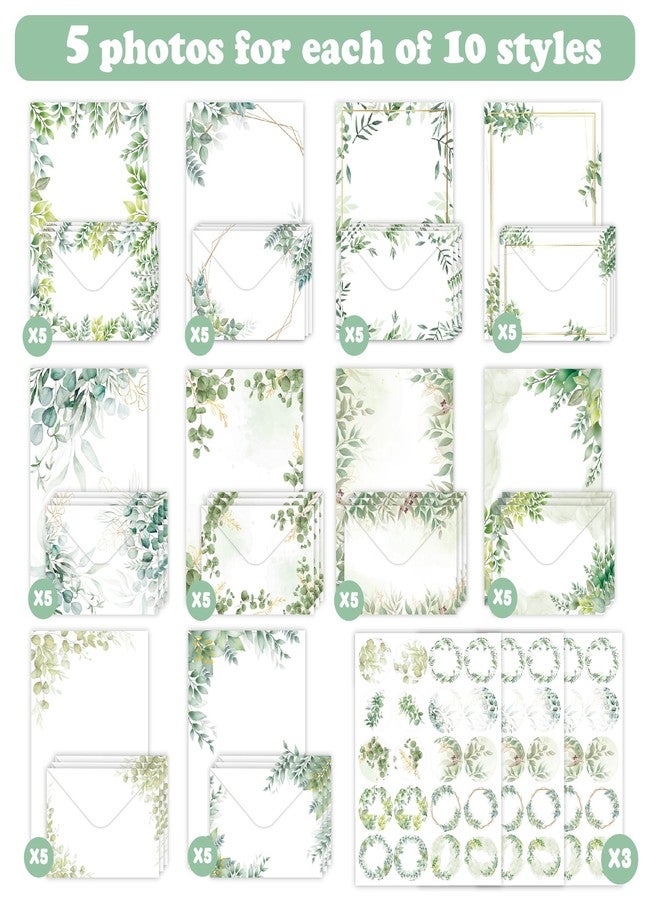 YOKSAS 160-Piece Eucalyptus Stationery Envelopes Set – 50 Writing Papers, 50 Envelopes, 60 Sealing Stickers – Greenery Botanical Letter Writing Kit for Invitations, Business, Wedding - Image 2