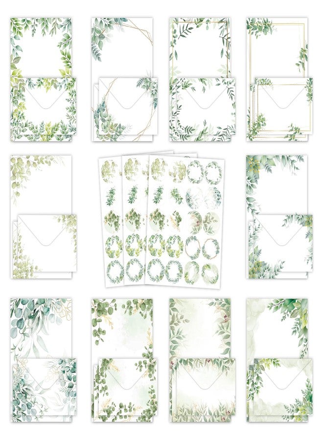 YOKSAS 160-Piece Eucalyptus Stationery Envelopes Set – 50 Writing Papers, 50 Envelopes, 60 Sealing Stickers – Greenery Botanical Letter Writing Kit for Invitations, Business, Wedding - Image 1