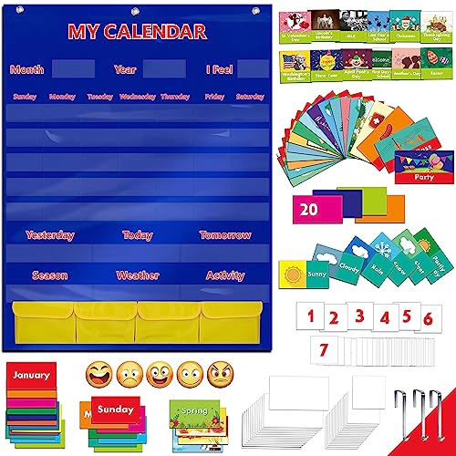 SpriteGru Calendar and Weather Pocket Chart with 148 Cards,(108 Illustrated Activity Cards, 40 Dry Erasable Flash Cards and 3 Hooks 28"x35.5"),Alphabets, Blue - Image 1