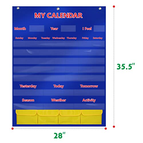 SpriteGru Calendar and Weather Pocket Chart with 148 Cards,(108 Illustrated Activity Cards, 40 Dry Erasable Flash Cards and 3 Hooks 28"x35.5"),Alphabets, Blue - Image 5