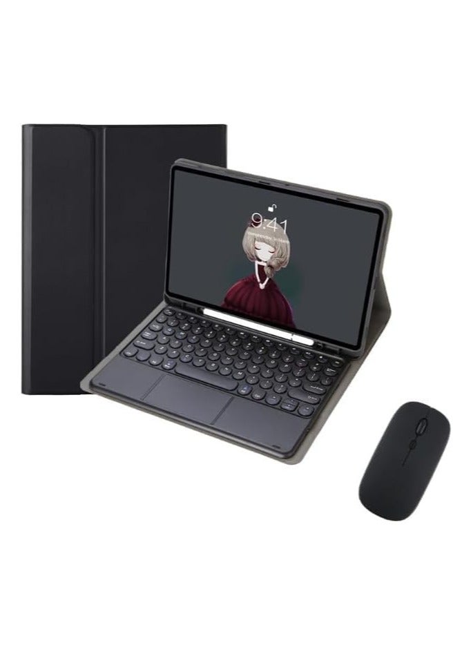 حافظة لوحة المفاتيح العربية والإنجليزية متوافقة مع جهاز Samsung Galaxy Tab A9 Plus (X210/X215/X216)، مزودة بمفاتيح دائرية عصرية ولوحة مفاتيح ملونة مع غطاء لوحة مفاتيح قابلة للفصل.