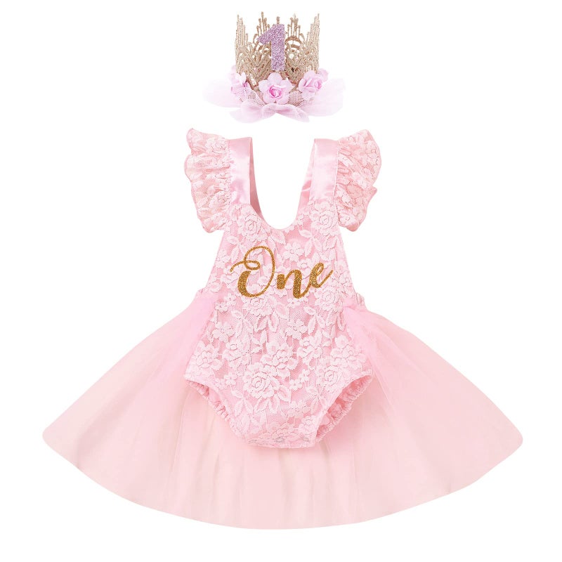 Baby Girls 1st Birthday Outfit Floral Lace Romper Ruffle Short Sleeve Backless Princess Party Tutu Dress Crown Headband Cake Smash Clothes for Photo Shoot 2Pcs Sets Pink One 1218 Months