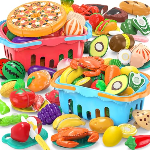 MOEAWS 120 Pcs Cutting Play Food Toy for Multiple Kids with 2 Colors Storage Baskets Kitchen Pretend Food Set for Toddler Kitchen Toys Accessories Fake FoodFruitVegetable Birthday Gifts for Boy Girl - Image 1