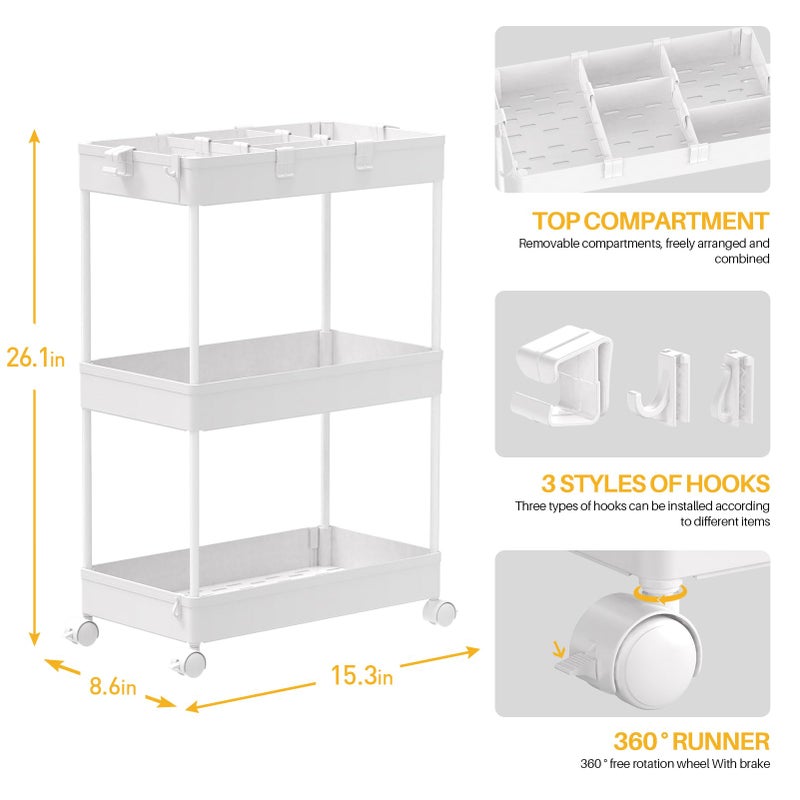 SPACELEAD 3 Tier Rolling Cart with Wheels, Storage Craft Art Trolley Organizer Serving, 3 Hanging Baskets Easy Assembly, for Office, Bathroomï¼ŒLiving Room, Kitchen, White - Image 2