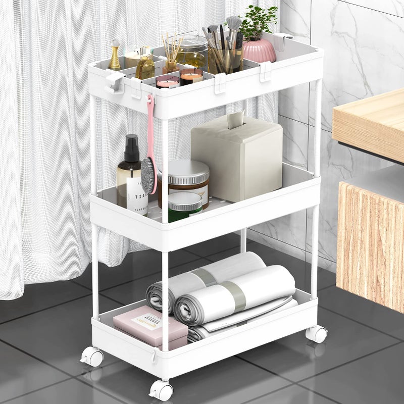 SPACELEAD 3 Tier Rolling Cart with Wheels, Storage Craft Art Trolley Organizer Serving, 3 Hanging Baskets Easy Assembly, for Office, Bathroomï¼ŒLiving Room, Kitchen, White - Image 1