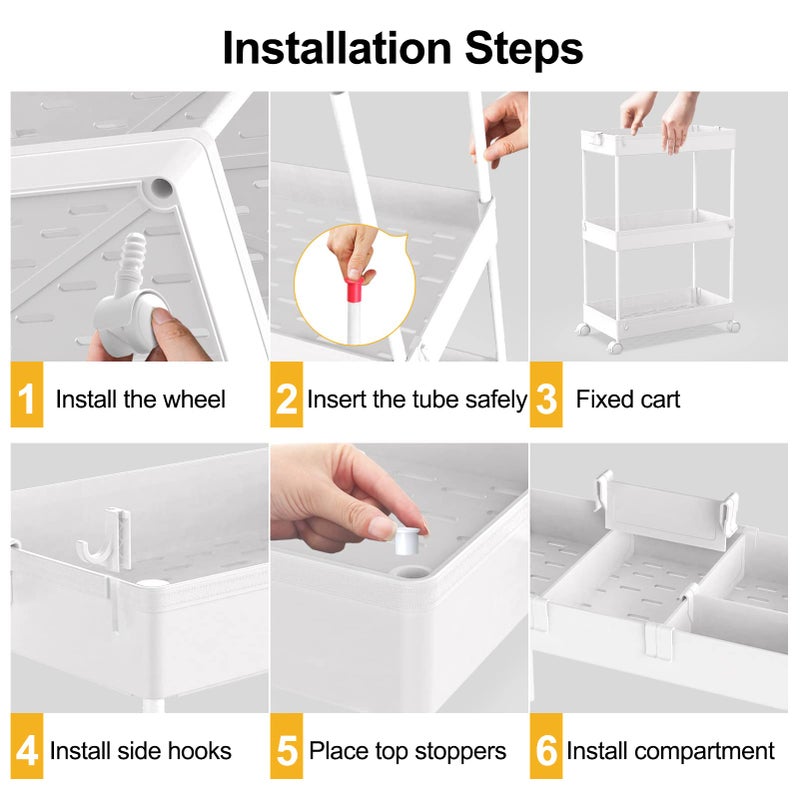 SPACELEAD 3 Tier Rolling Cart with Wheels, Storage Craft Art Trolley Organizer Serving, 3 Hanging Baskets Easy Assembly, for Office, Bathroomï¼ŒLiving Room, Kitchen, White - Image 3