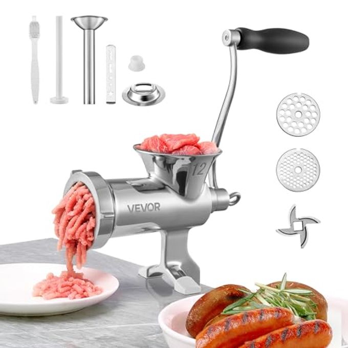 VEVOR Manual Meat Grinder, 304 Stainless Steel Meat Grinder with Steel Table Clamp, #12 Meat Mincer Sausage Maker & 2 Cutting Plates, Cookie Attachment, Sausage Tube for Beef Pepper Mushroom Cookie - Image 4