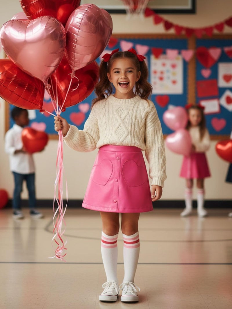 WELAKEN Faux Leather Heart Skirt for Girls Toddler & Kids II Girl's A Line Skirt with Two Front Pockets - Image 4