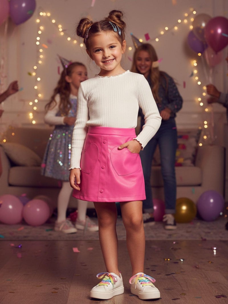 WELAKEN Faux Leather Heart Skirt for Girls Toddler & Kids II Girl's A Line Skirt with Two Front Pockets - Image 3