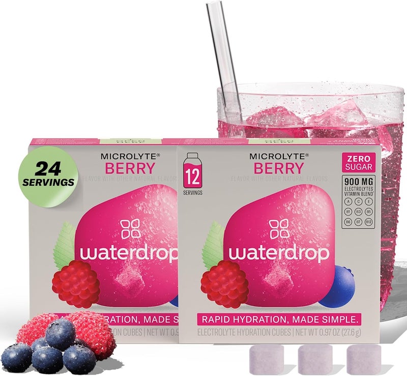 waterdrop MICRODRINK مكعبات ترطيب ووتر دروب مايكرو لايت - نكهة التوت، مزيج مشروب إلكتروليت مع زنك، مغنيسيوم، بوتاسيوم، كالسيوم و 9 فيتامينات، بدون سكر، 24 قطعة - Image 1