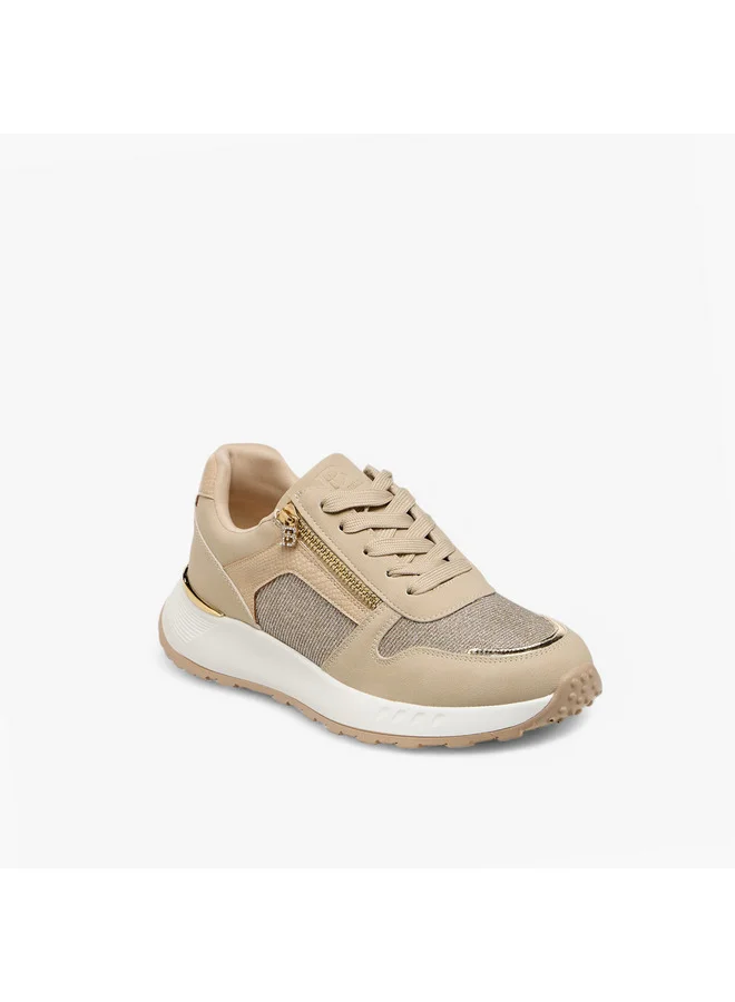 Flora Bella By Shoexpress Women's Glitter Panelled Sneakers with Lace-Up Closure