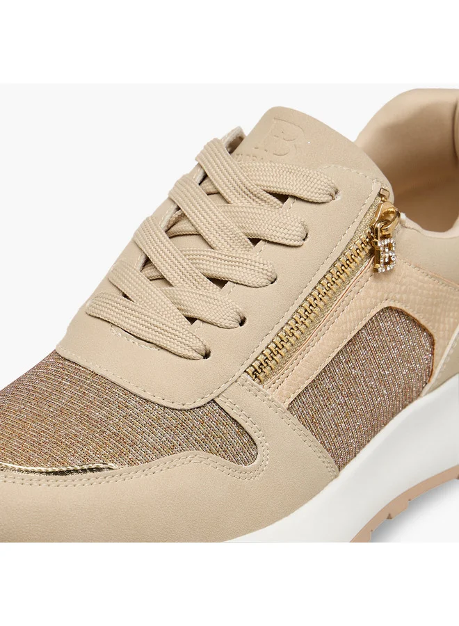 Flora Bella By Shoexpress Women's Glitter Panelled Sneakers with Lace-Up Closure