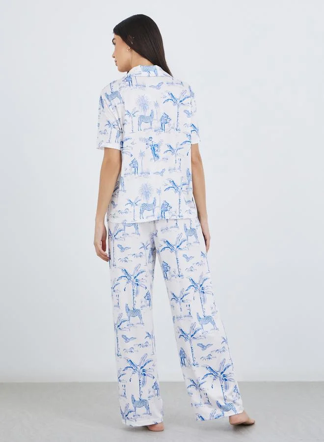 Take Two Take Two Graphic Print Buttoned Shirt and Pyjama Set