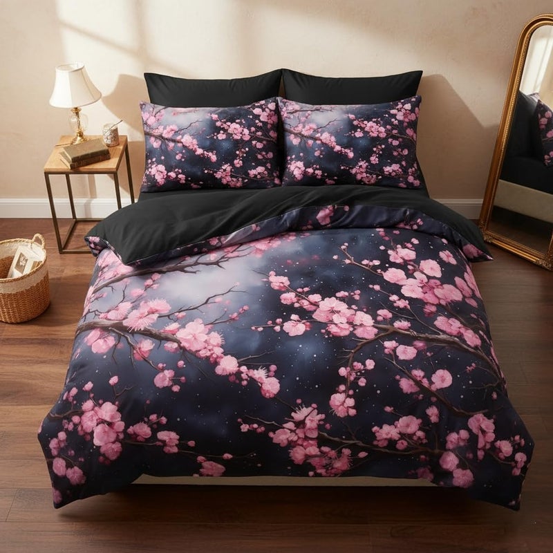 CCoutueChen Japanese Cherry Blossoms Comforter Set King Size, Pink Black Farmhouse Country Bedding Set for Adult Women, 3Pcs Soft Microfiber Quilted Set with 2 Pillowcases, 104"x90" - Image 1