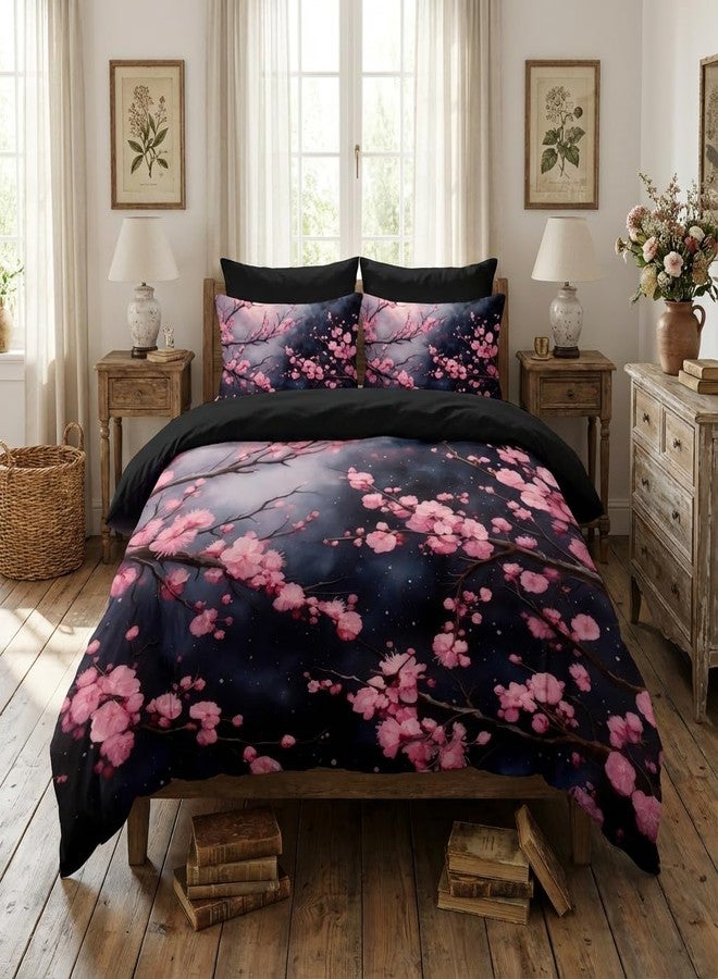 CCoutueChen Japanese Cherry Blossoms Comforter Set King Size, Pink Black Farmhouse Country Bedding Set for Adult Women, 3Pcs Soft Microfiber Quilted Set with 2 Pillowcases, 104"x90" - Image 3