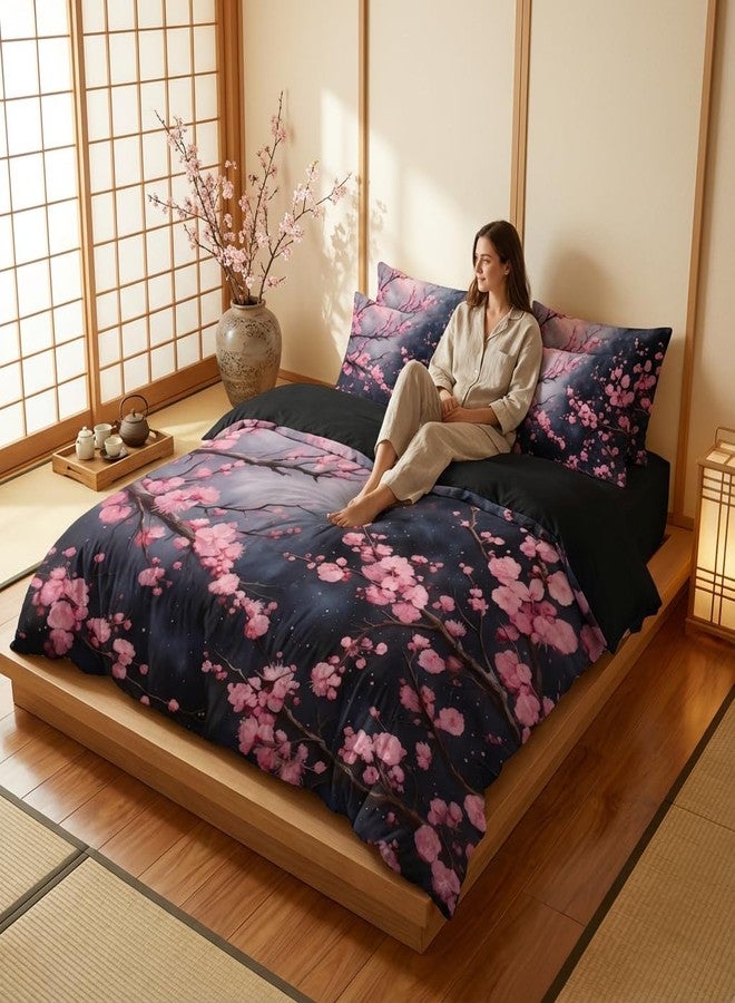 CCoutueChen Japanese Cherry Blossoms Comforter Set King Size, Pink Black Farmhouse Country Bedding Set for Adult Women, 3Pcs Soft Microfiber Quilted Set with 2 Pillowcases, 104"x90" - Image 5