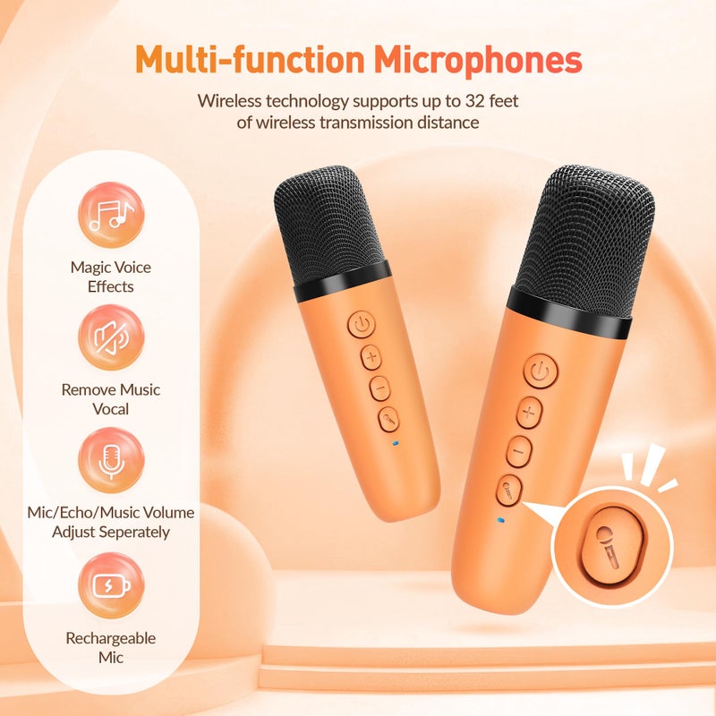 BEILIHART Karaoke Machine for Kids Adults: Mini Portable Karaoke Machine with 2 Wireless Microphones and Lights, Christmas Birthday Gifts for Girls Boys Family Home Party(Orange) - Image 5
