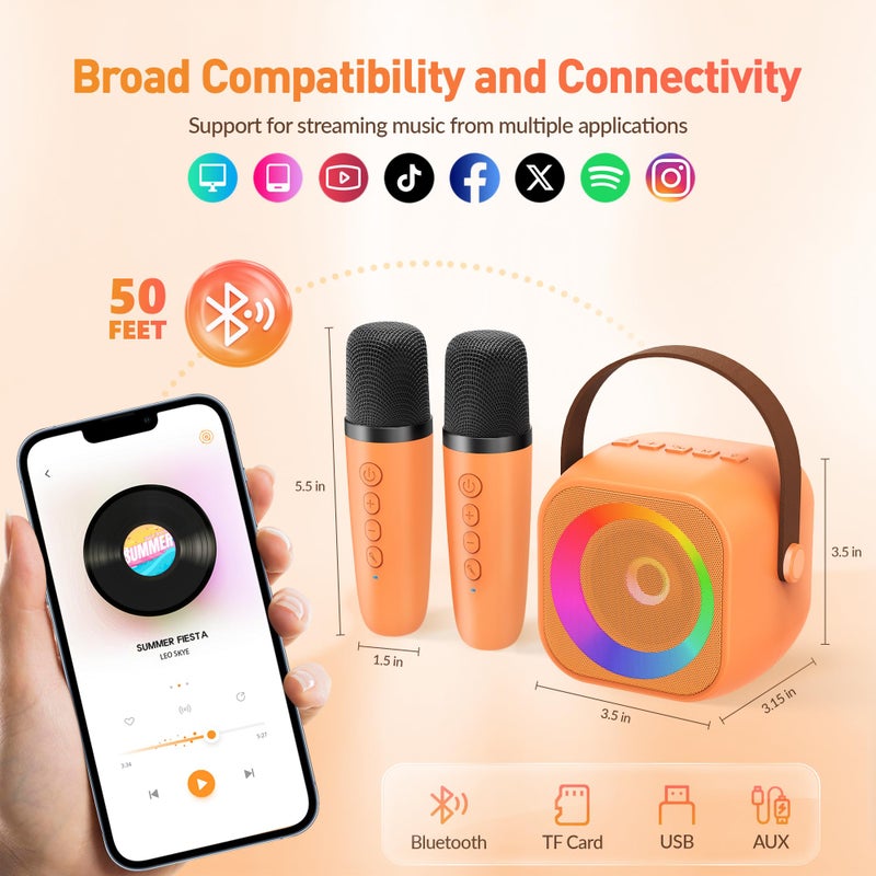 BEILIHART Karaoke Machine for Kids Adults: Mini Portable Karaoke Machine with 2 Wireless Microphones and Lights, Christmas Birthday Gifts for Girls Boys Family Home Party(Orange) - Image 3