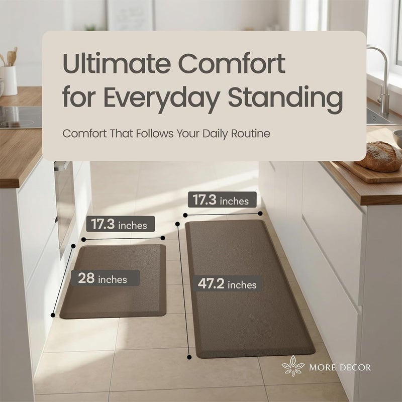 More Decor Anti Fatigue Kitchen Mats for Floor | Padded Kitchen Rugs | Non Slip, Cushioned Standing Desk Mat | Waterproof Floor Mat | 17.3" x 28" x 0.47" & 17.3" x 47.2" x 0.47", Brown, 2-Pack | More Décor - Image 2