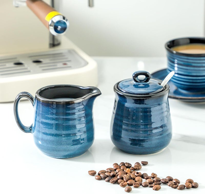 glowworm Porcelain Sugar and Creamer Set, 11 Ounce Sugar Container, 10 Ounce Cream Pitcher, Farmhouse Coffee Sets for Serving, Dishwasher Safe, Blue - Image 5
