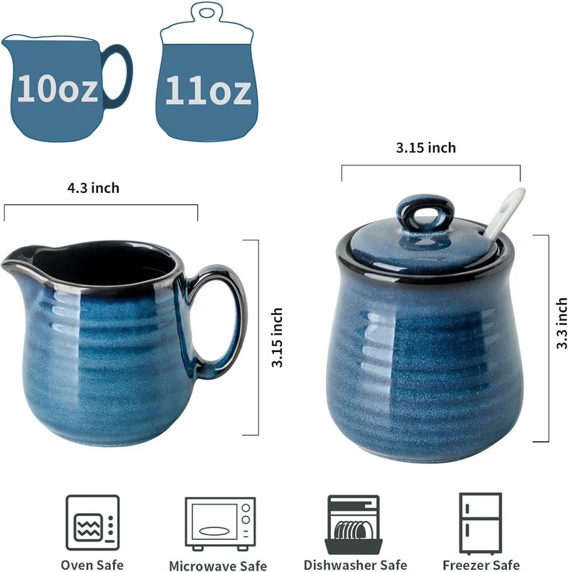 glowworm Porcelain Sugar and Creamer Set, 11 Ounce Sugar Container, 10 Ounce Cream Pitcher, Farmhouse Coffee Sets for Serving, Dishwasher Safe, Blue - Image 2