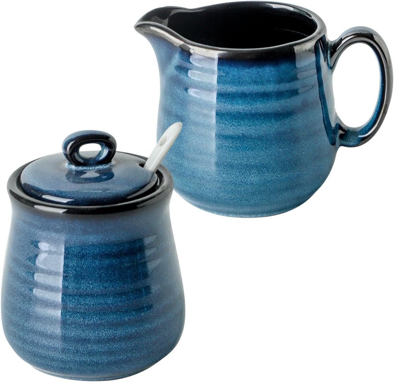 glowworm Porcelain Sugar and Creamer Set, 11 Ounce Sugar Container, 10 Ounce Cream Pitcher, Farmhouse Coffee Sets for Serving, Dishwasher Safe, Blue - Image 1