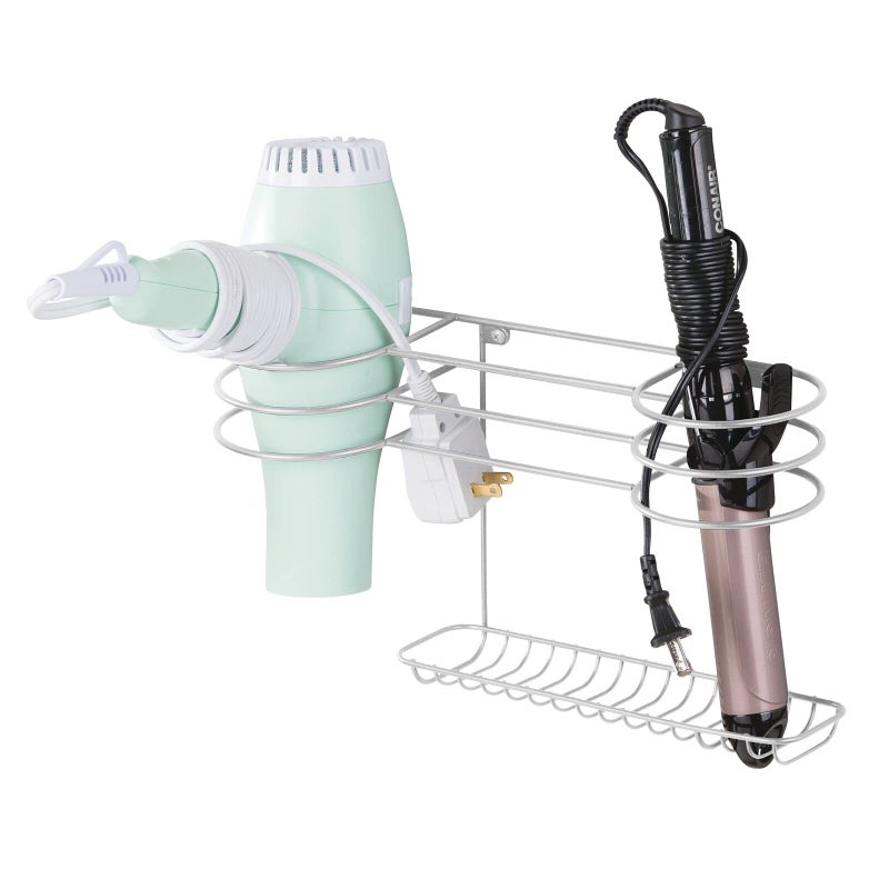 mDesign Bathroom Wall Mount Metal Hair Care & Styling Tool Organizer Storage Basket for Hair Dryer, Flat Iron, Curling Wand, Hair Straighteners, Brushes - Steel Wire - Light Gray