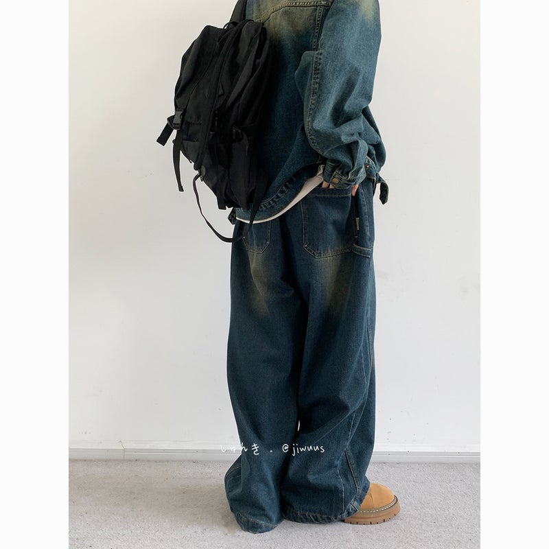 Japanese Style Retro Loose Old-Fitting Denim Trousers Loose All-Match Blue Tooling Plus Size Couple Pants For Boys And Girls - Image 4