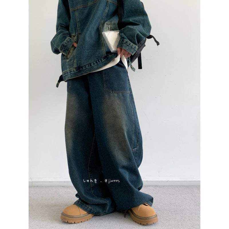 Japanese Style Retro Loose Old-Fitting Denim Trousers Loose All-Match Blue Tooling Plus Size Couple Pants For Boys And Girls - Image 2