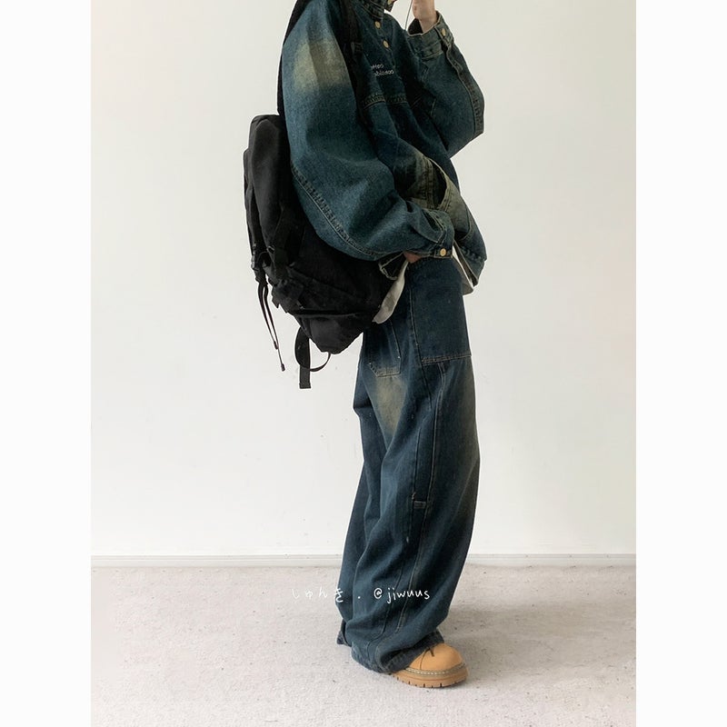 Japanese Style Retro Loose Old-Fitting Denim Trousers Loose All-Match Blue Tooling Plus Size Couple Pants For Boys And Girls - Image 5