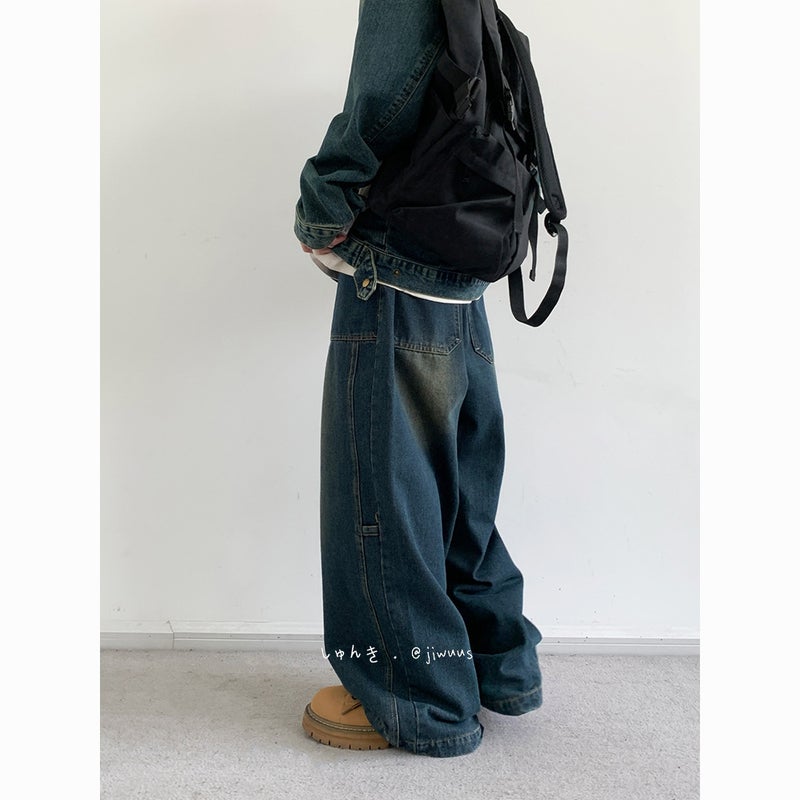 Japanese Style Retro Loose Old-Fitting Denim Trousers Loose All-Match Blue Tooling Plus Size Couple Pants For Boys And Girls - Image 3
