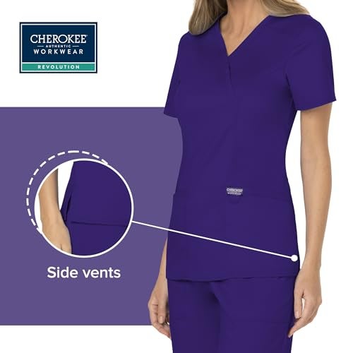 Cherokee Scrubs Top for Women Mock Wrap with 3 Pockets, Soft, 2-Way Stretch & Durable Fabric - WW610, XL, Grape - Image 5