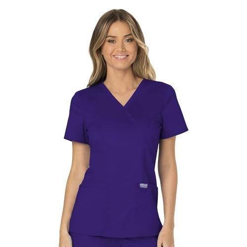 Cherokee Scrubs Top for Women Mock Wrap with 3 Pockets, Soft, 2-Way Stretch & Durable Fabric - WW610, XL, Grape - Image 1