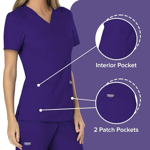 Cherokee Scrubs Top for Women Mock Wrap with 3 Pockets, Soft, 2-Way Stretch & Durable Fabric - WW610, XL, Grape - Image 4