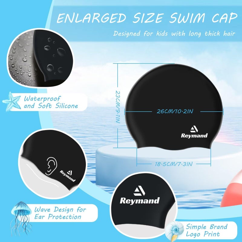 Reymand 2 Pack Kids Extra Large Swim Cap for Long Thick Hair, Waterproof Silicone Swimming Cap for Toddler Child Youth Girls Boys, Durable Swim Hats Bathing Caps for Braids, Dreadlocks, Extensions, Afros-1 - Image 2