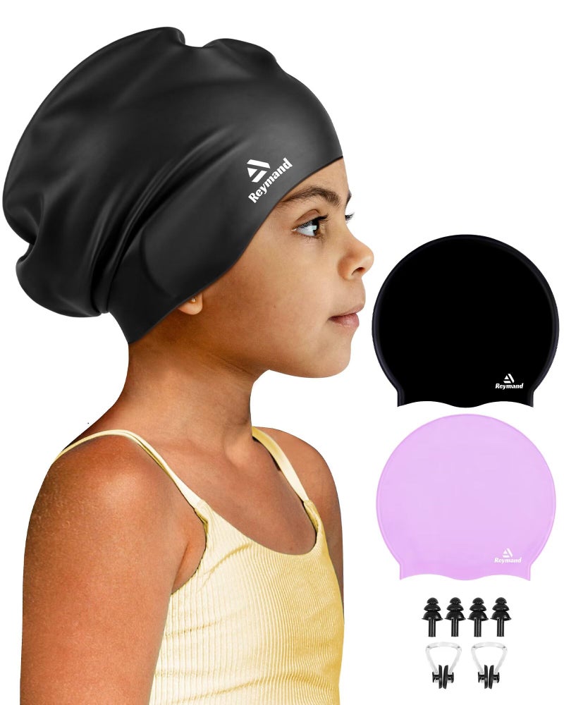 Reymand 2 Pack Kids Extra Large Swim Cap for Long Thick Hair, Waterproof Silicone Swimming Cap for Toddler Child Youth Girls Boys, Durable Swim Hats Bathing Caps for Braids, Dreadlocks, Extensions, Afros-1 - Image 1